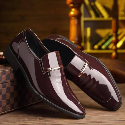 Men's patent penny loafers, pointed toe, dark brown slip-on with metal strap detail