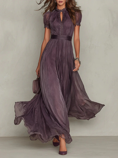 Women's plum maxi dress with high neck keyhole, puff sleeves, pleated skirt (front)