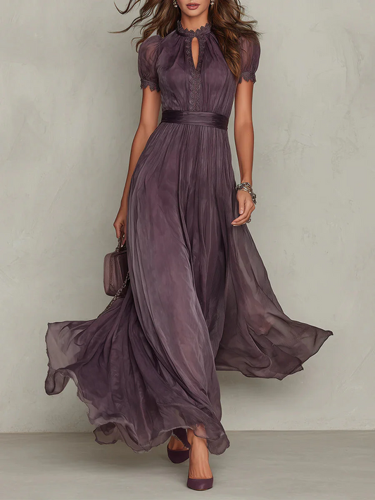 Women's plum maxi dress with high neck keyhole, puff sleeves, pleated skirt (front)