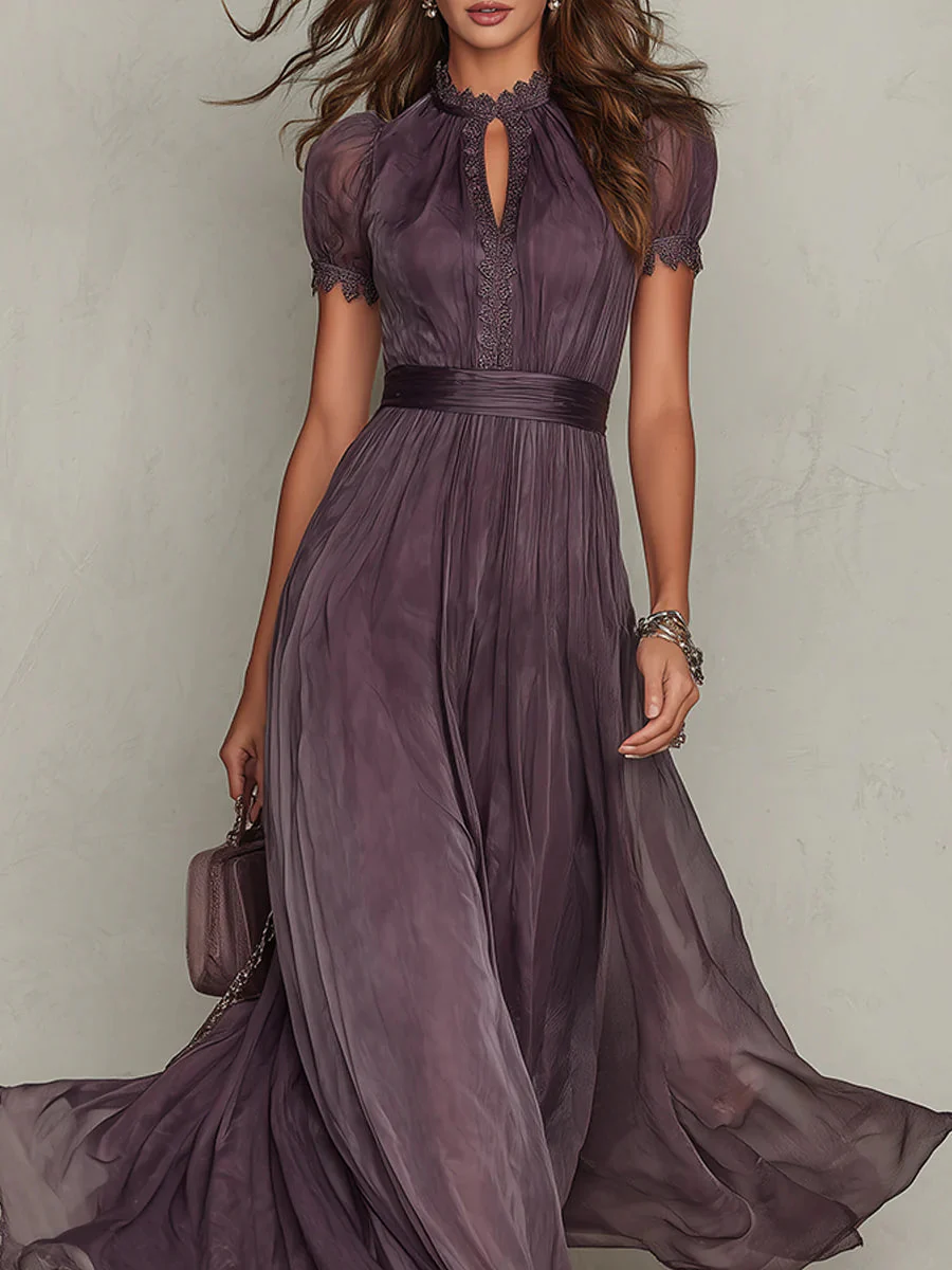 Women's plum maxi dress with high neck cutout, puff sleeves, pleated bodice and skirt