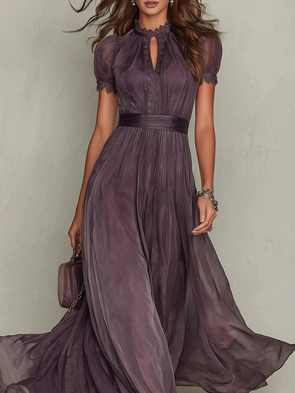 Women's plum maxi dress with high neck cutout, puff sleeves, pleated bodice and skirt