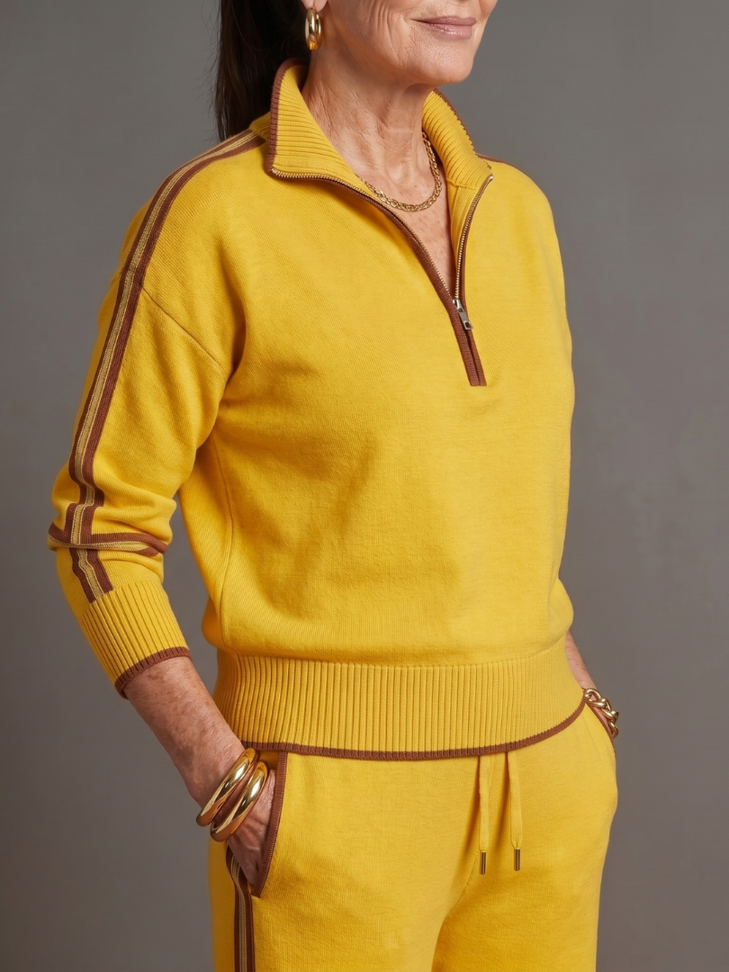 Yellow zip-neck pullover and jogger pants set with white stripe cuffs and waistband