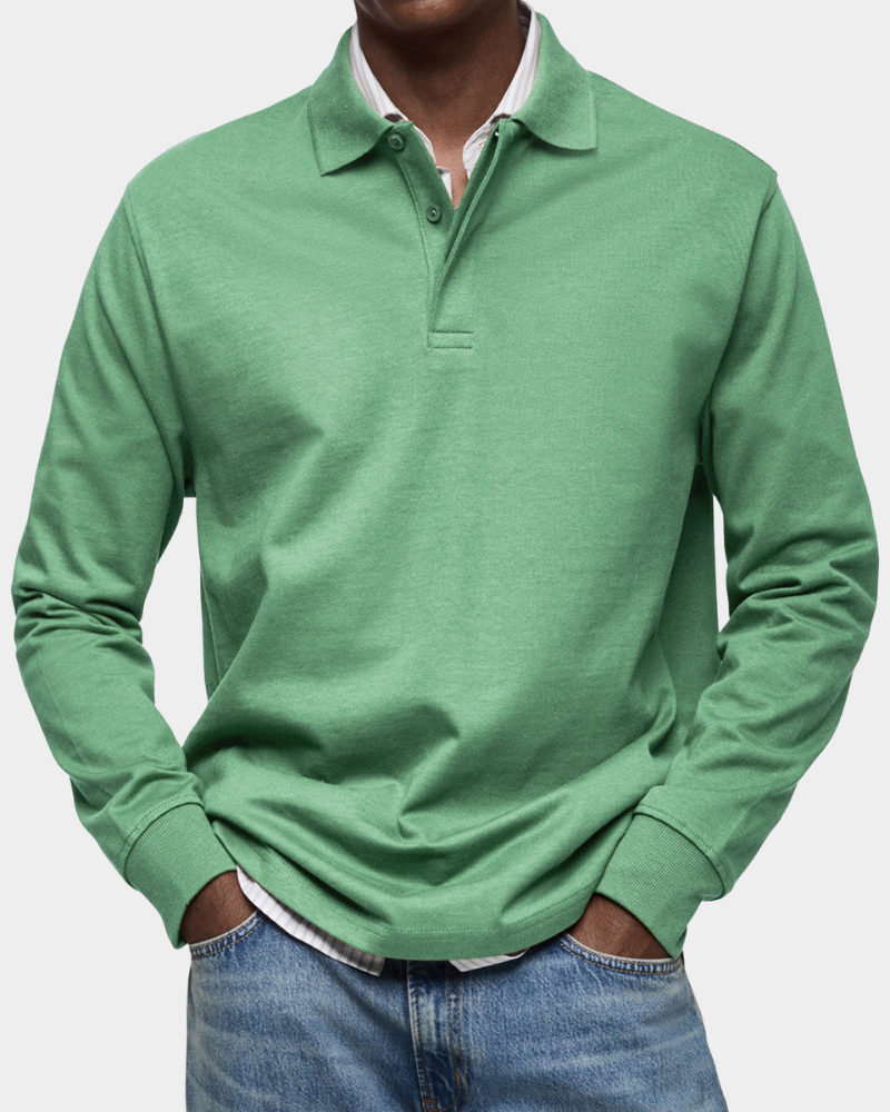 Green long-sleeve polo shirt with button placket and ribbed cuffs