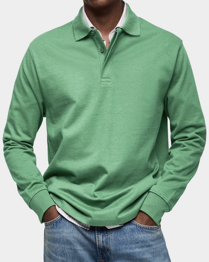 Green long-sleeve polo shirt with button placket and ribbed cuffs