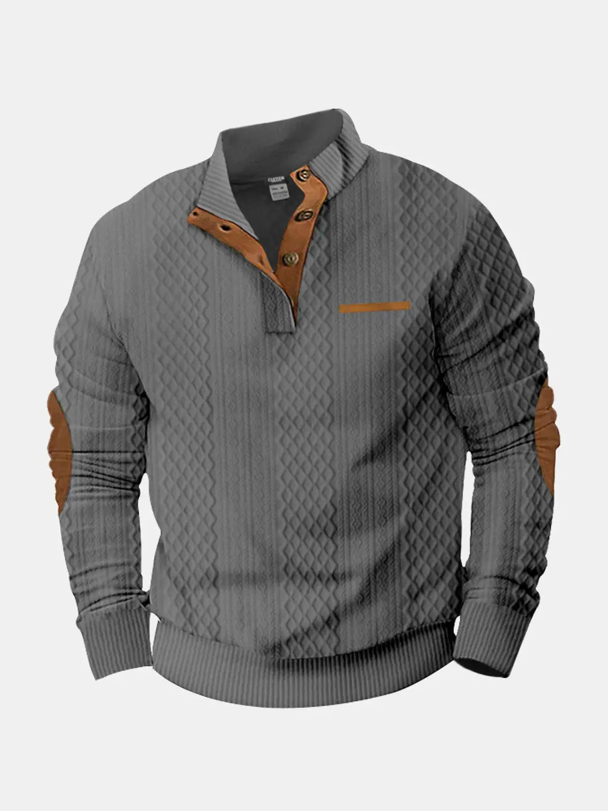 Cable knit pullover sweatshirt, gray with tan collar and chest pocket tab