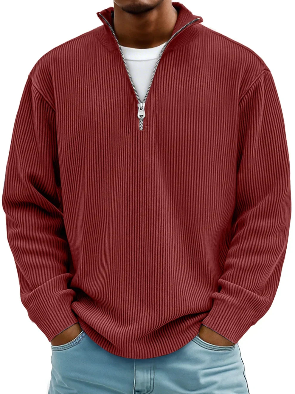 Red quarter-zip pullover sweater with ribbed knit and vertical stripe texture