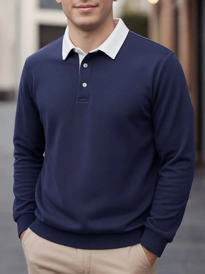 Navy long-sleeve polo sweatshirt with white collar and button placket
