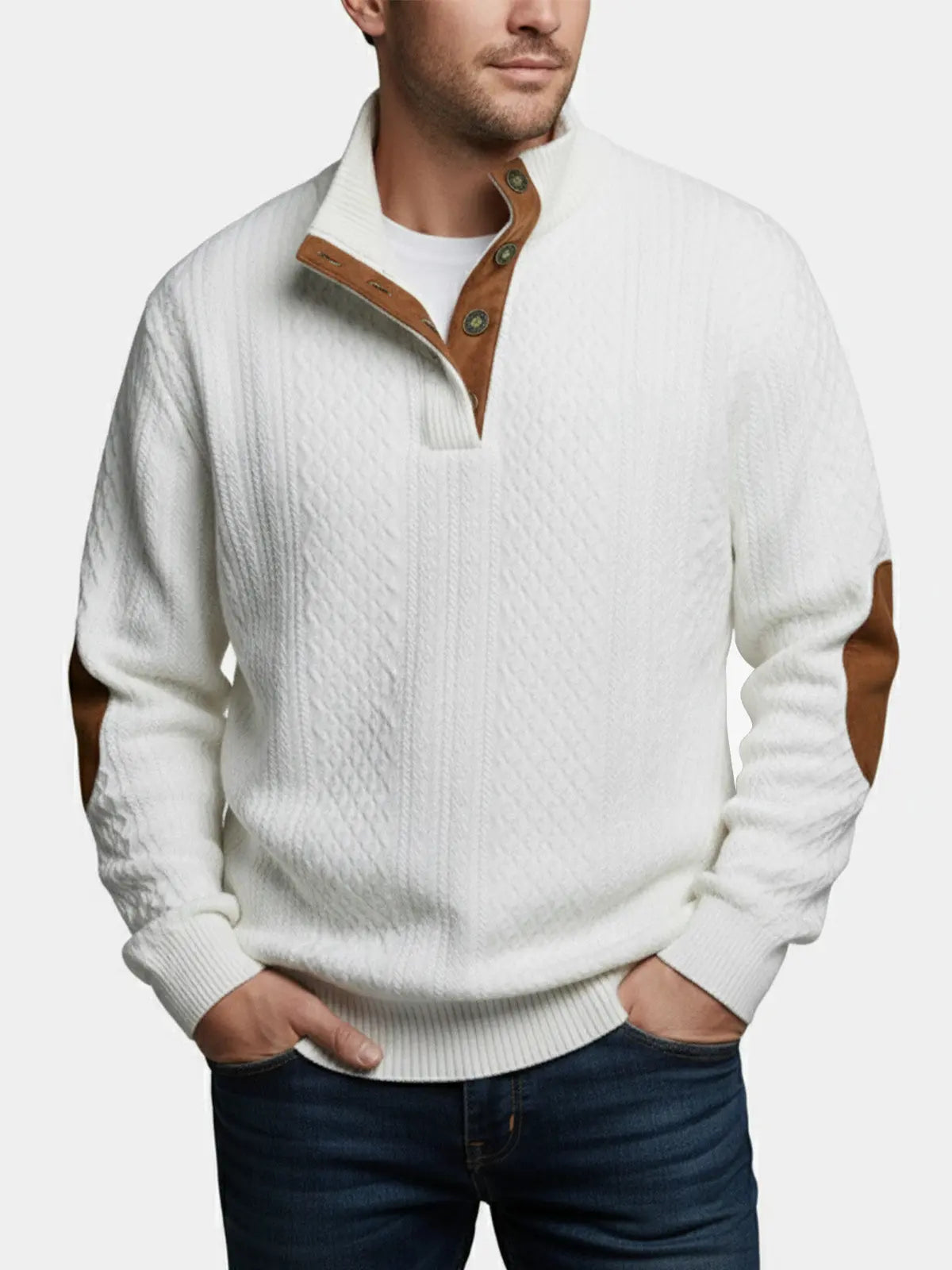 White cable knit quarter-button pullover sweatshirt with brown-trim collar and cuffs