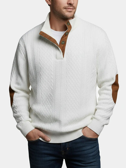 White cable knit quarter-button pullover sweatshirt with brown-trim collar and cuffs