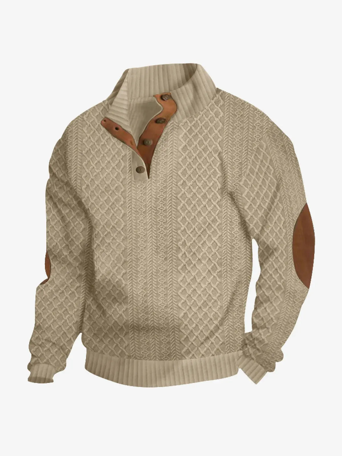 Beige cable knit quarter-button pullover sweatshirt with brown contrast collar