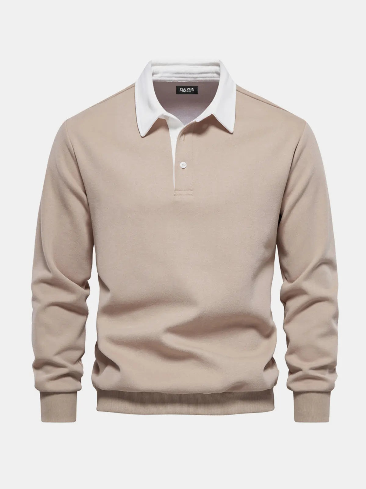 Khaki long-sleeve polo sweatshirt with white collar and button placket