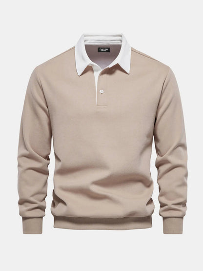 Khaki long-sleeve polo sweatshirt with white collar and button placket