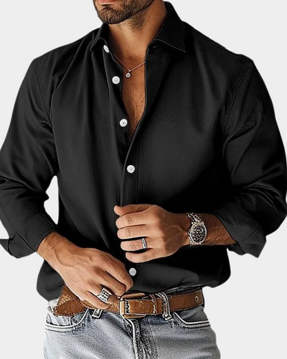 Black long-sleeve button-up shirt with pointed collar and button front