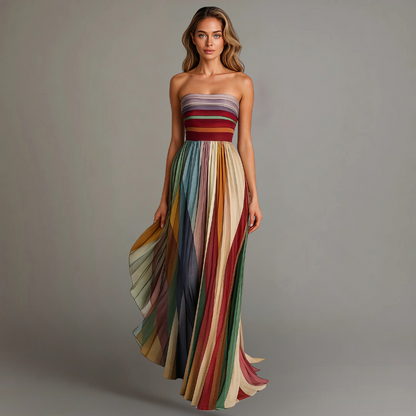 Multicolour striped strapless sleeveless dress with gathered waist