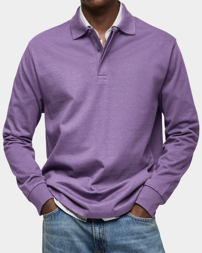 Purple long-sleeve polo shirt with button placket and ribbed cuffs