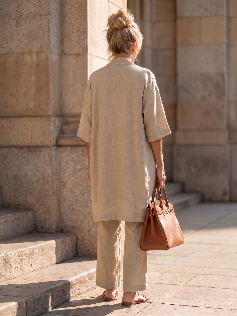 Beige back view of relaxed top and wide-leg pants set with open kimono layer