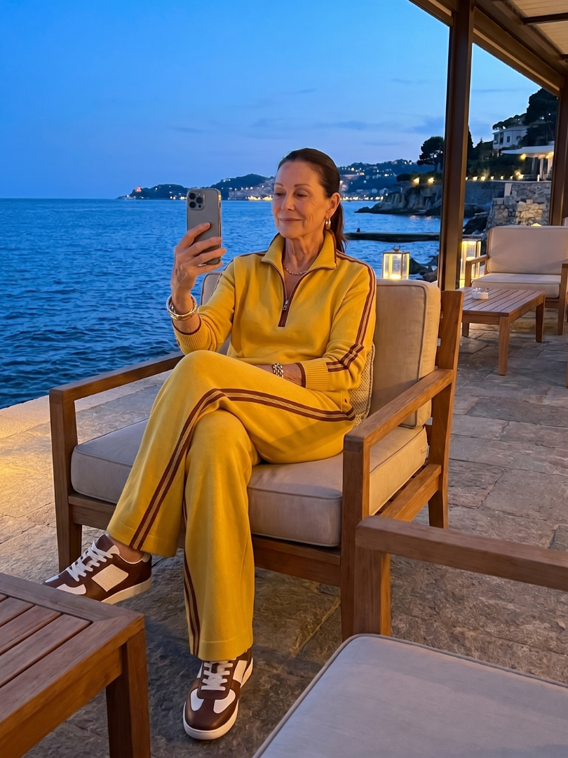 Yellow zip-neck long-sleeve and jogger pants set with white trim side stripes