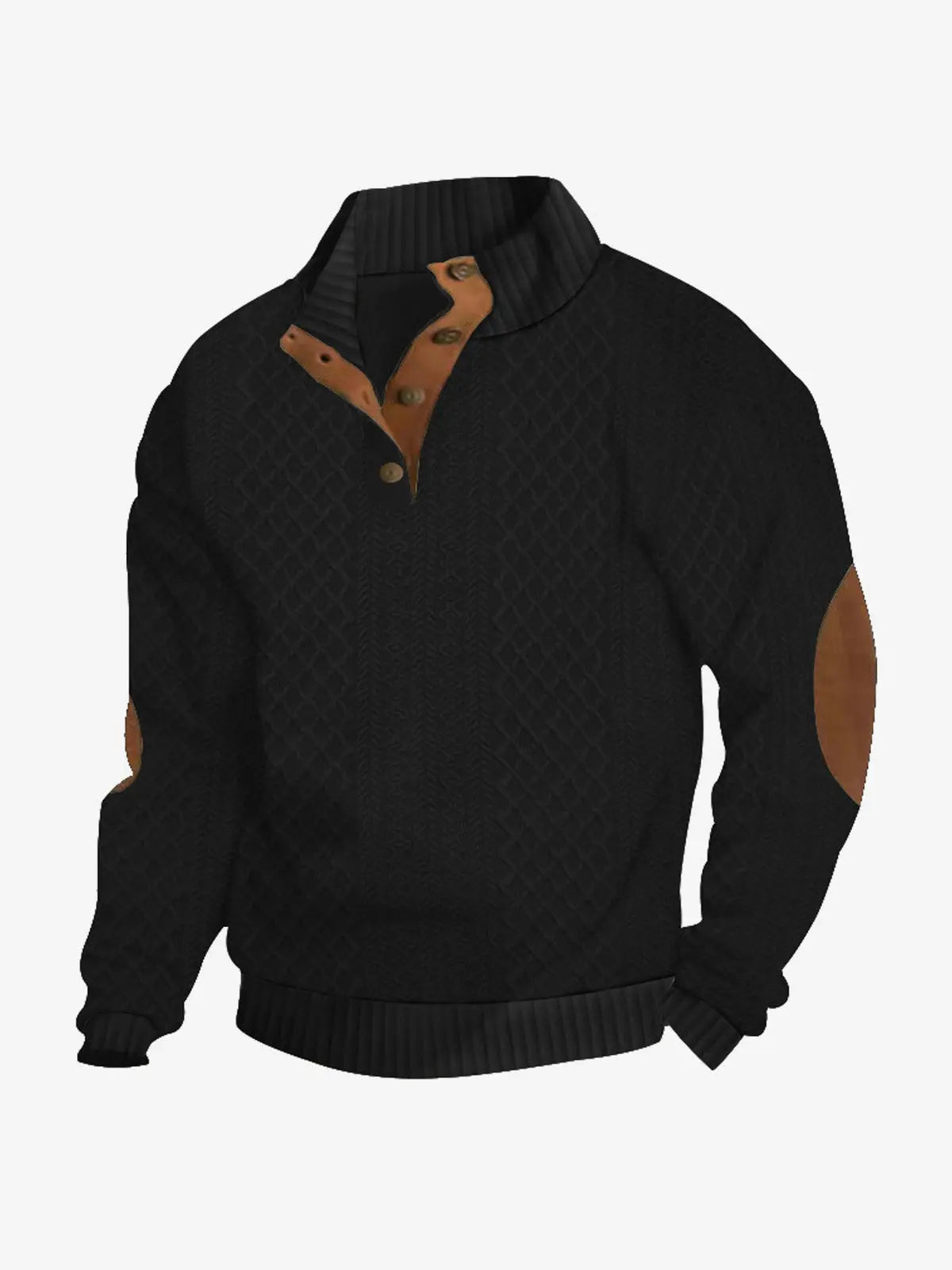 Black cable knit quarter-button pullover sweatshirt with brown collar placket and ribbed hem