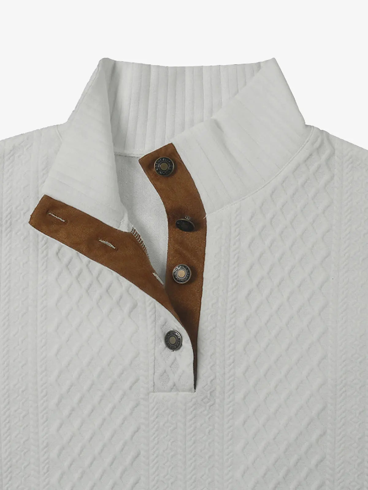White cable knit quarter-button pullover with brown button placket and stand collar