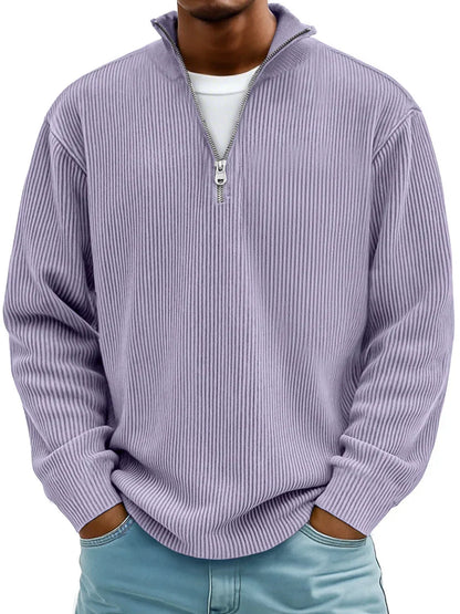 Lavender quarter-zip pullover sweater with ribbed knit and vertical stripe texture