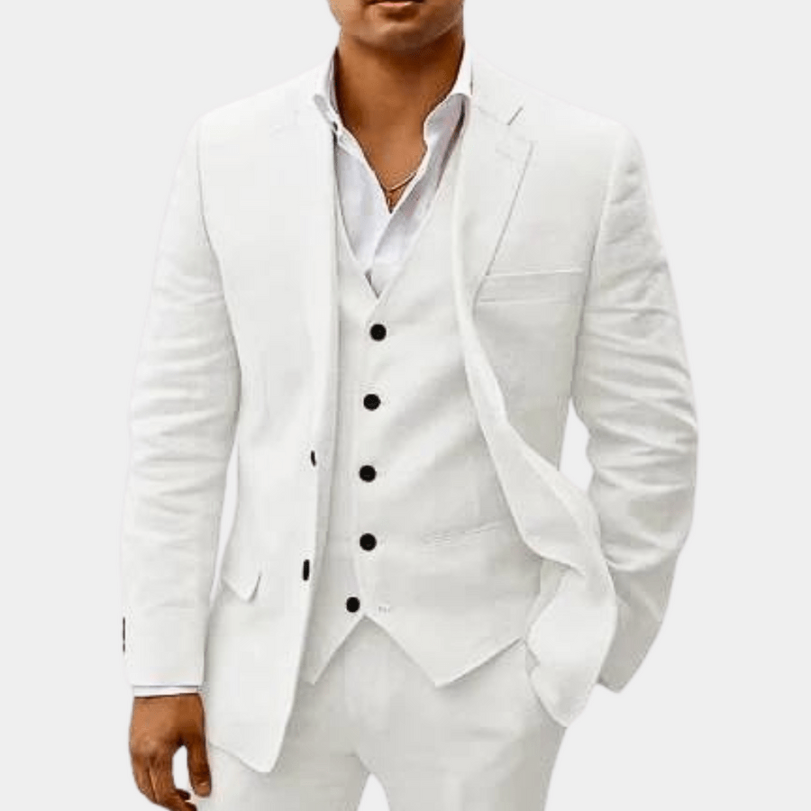 White linen blazer, vest, and trousers set with notch lapels and chest pocket