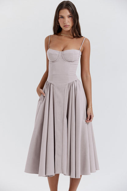 Women’s sweetheart pleated midi dress, light gray sweetheart bodice with pleated skirt