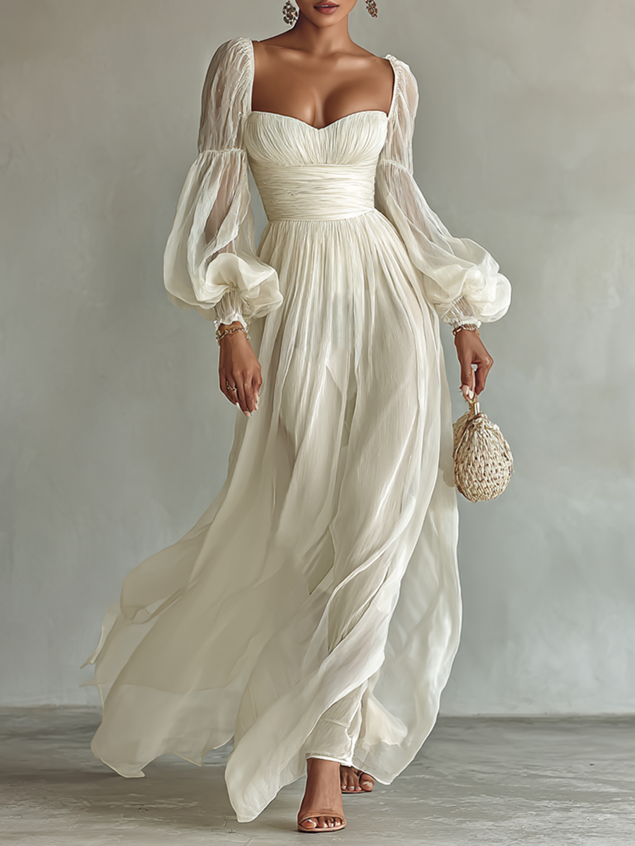 White chiffon maxi dress with square neckline and long puff sleeves, ruched bodice
