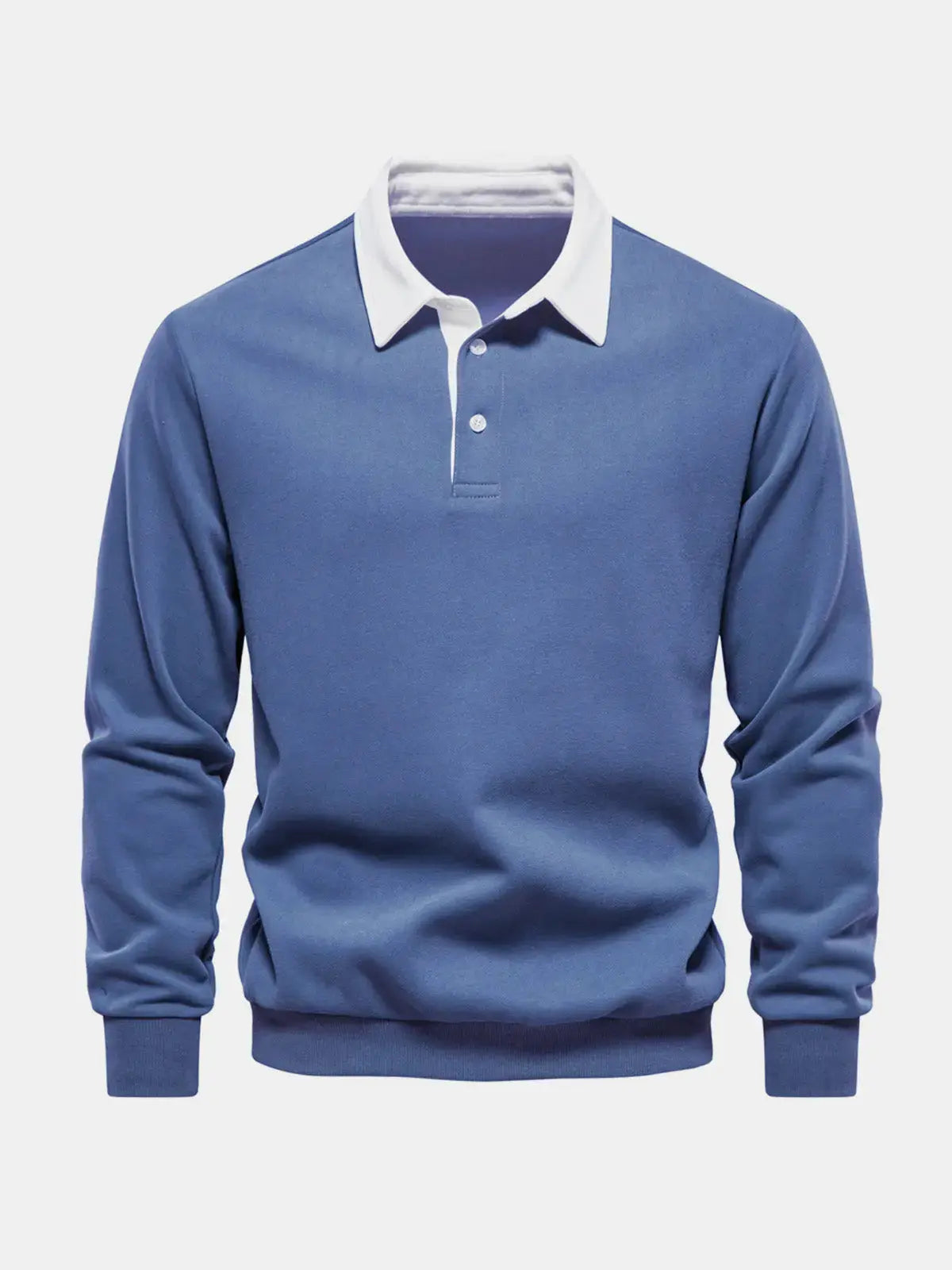 Blue long-sleeve polo sweatshirt with white collar and button placket
