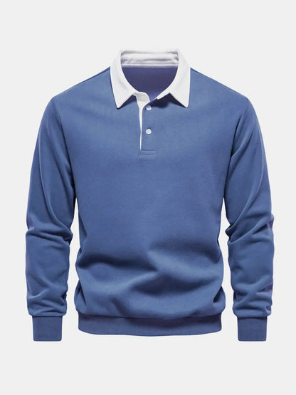 Blue long-sleeve polo sweatshirt with white collar and button placket