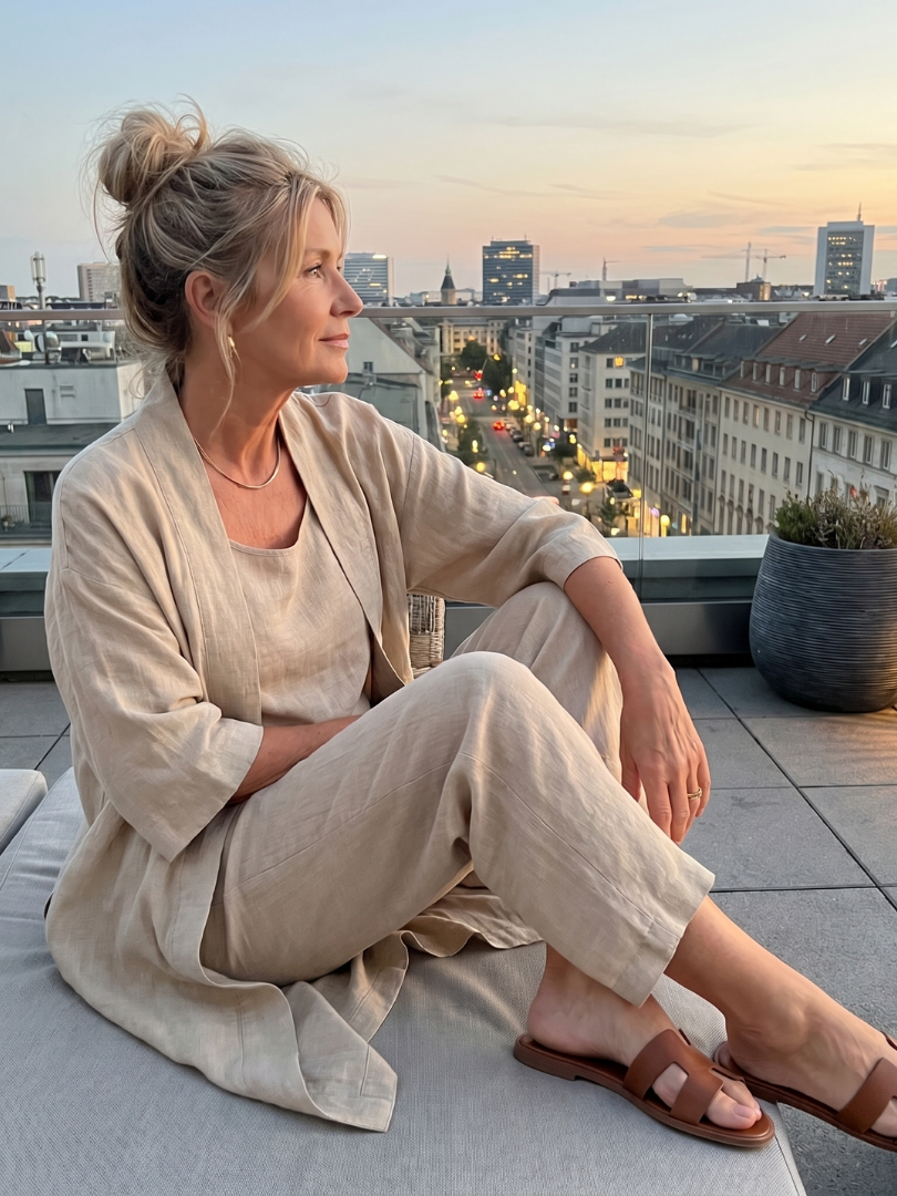 Beige relaxed top and wide-leg pants set, lounging pose with open kimono layer
