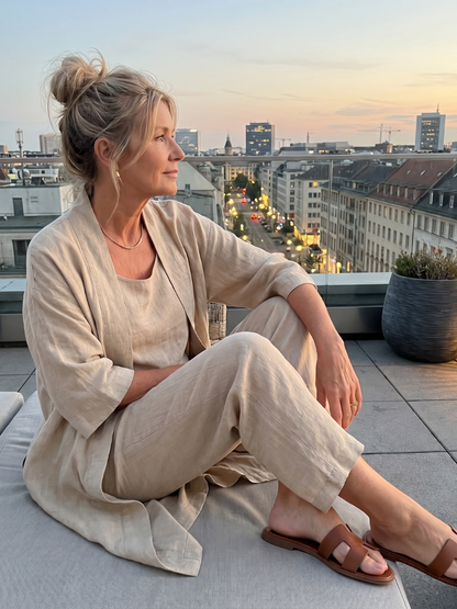 Beige relaxed top and wide-leg pants set, lounging pose with open kimono layer