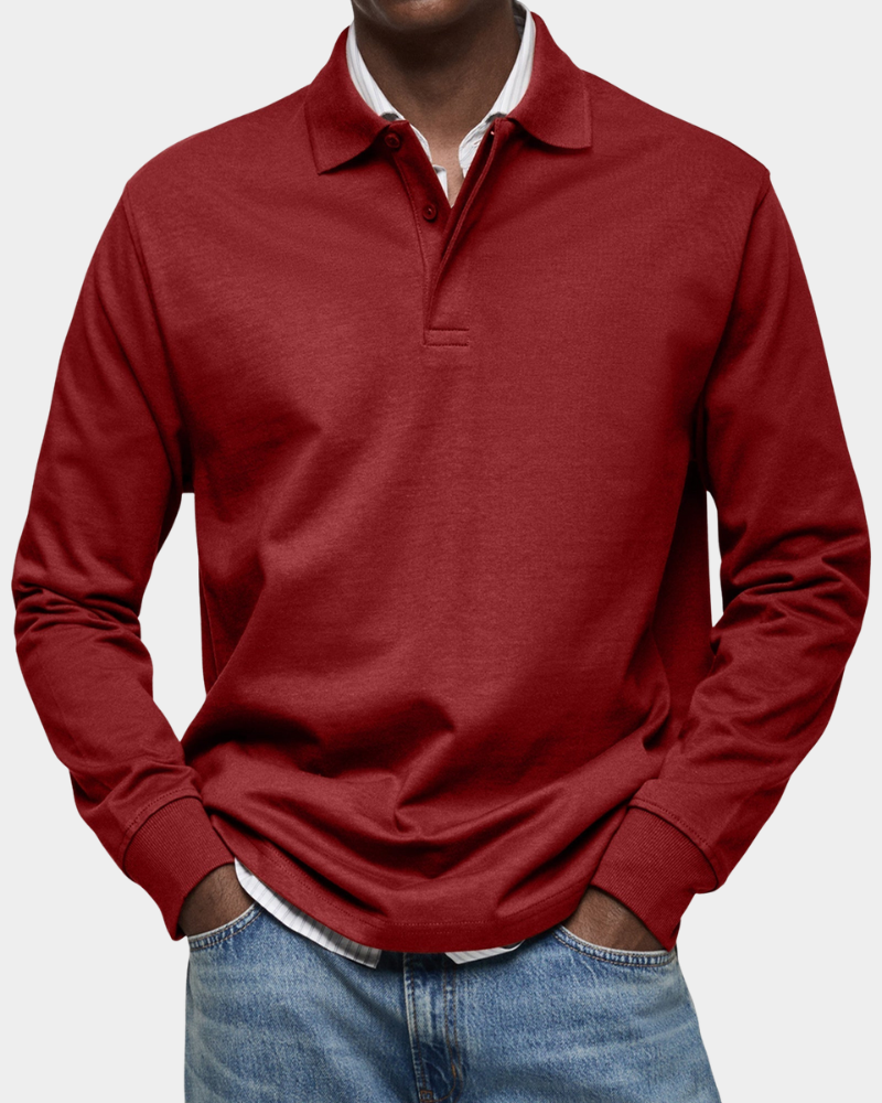 Red long-sleeve polo shirt with button placket and ribbed cuffs