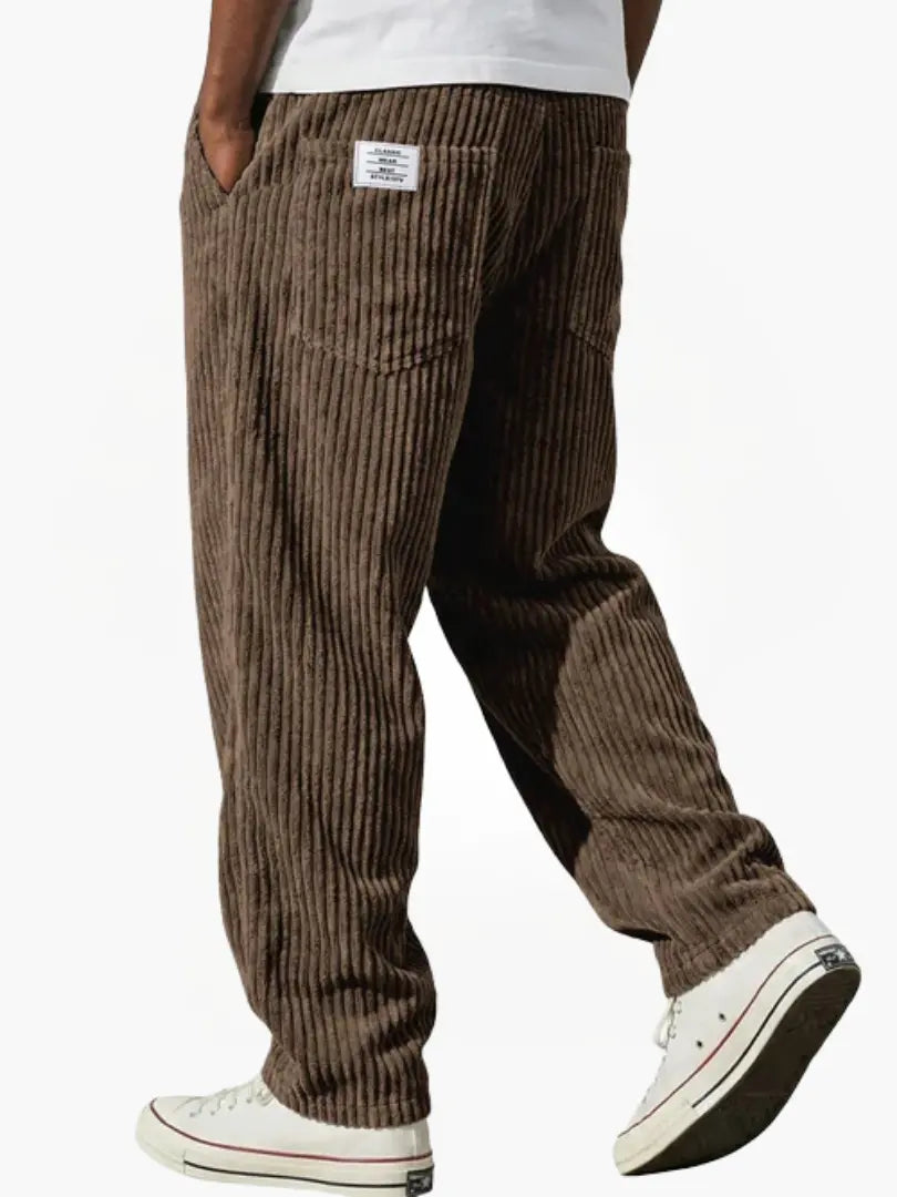 Wide-leg men's trousers with pockets in brown vertical cord texture.