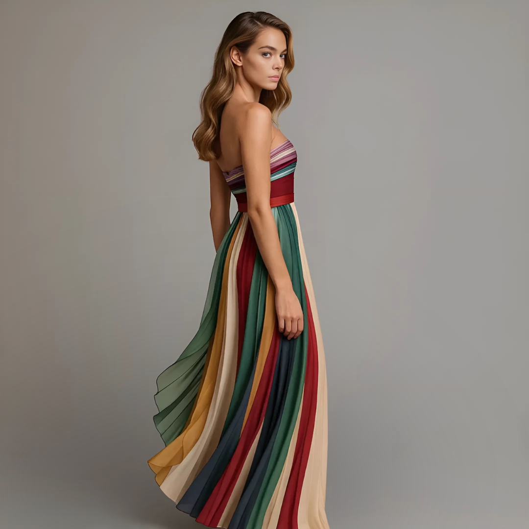 Multicolour striped sleeveless maxi dress, side view, flowing skirt