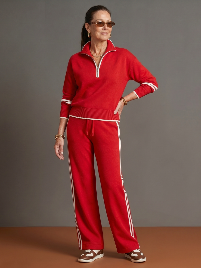 Red zip-neck long-sleeve tracksuit set with white stripe jogger pants and ribbed cuffs