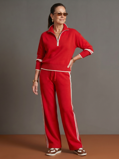 Red zip-neck long-sleeve tracksuit set with white stripe jogger pants and ribbed cuffs
