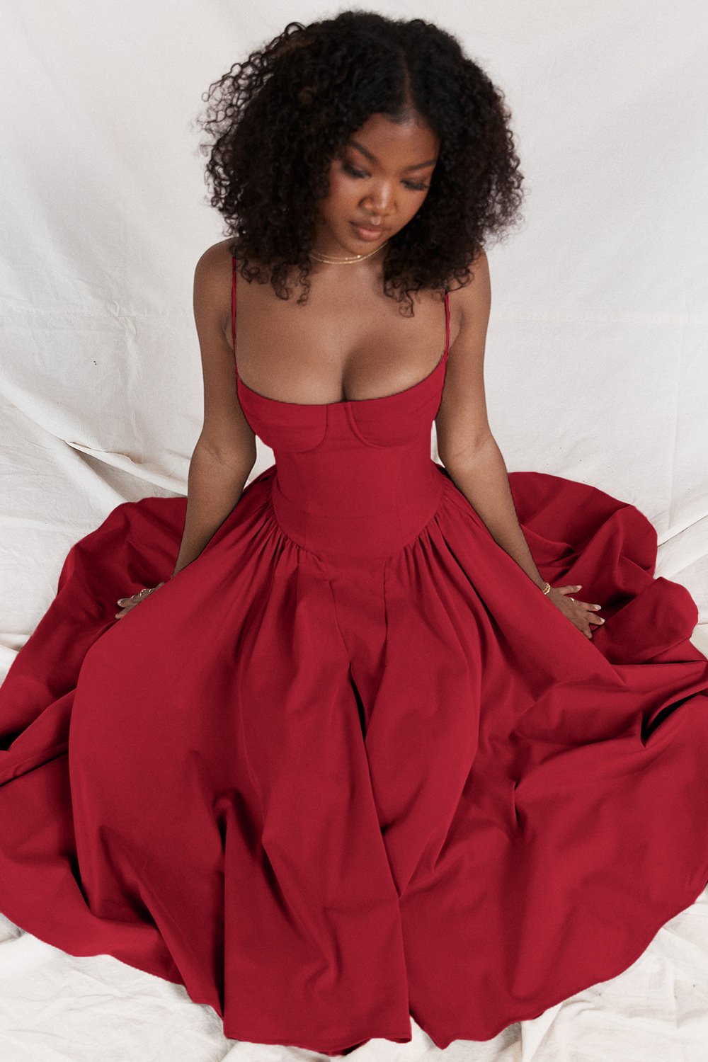 Women’s sweetheart pleated midi dress, red spaghetti straps with gathered full skirt