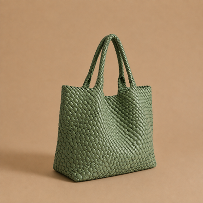 Womens woven tote bag with top handles, light green woven texture.