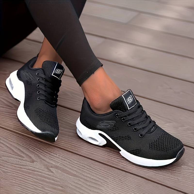 Women's orthopaedic trainers, black knit lace-up with white cushioned sole