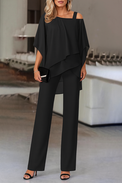 Women’s evening pants set in black: off-shoulder layered blouse with wide-leg trousers