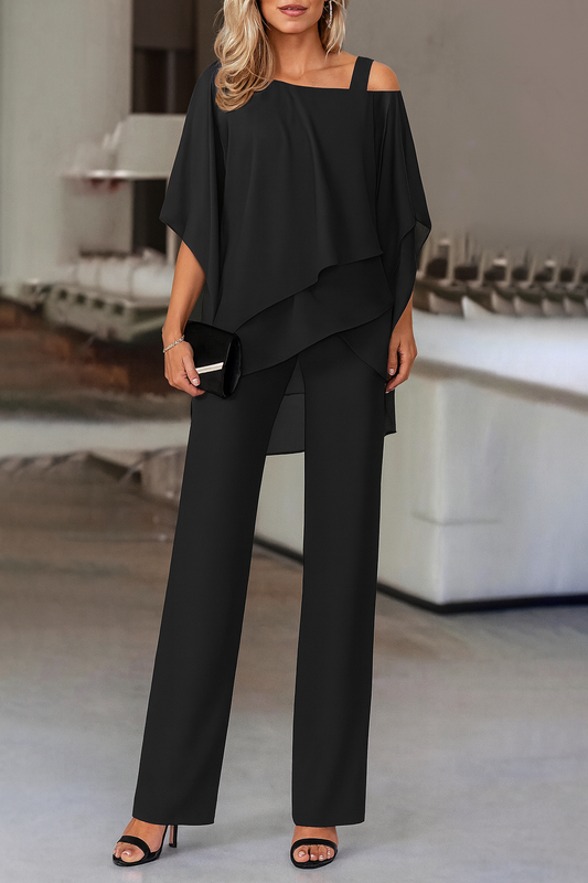 Women’s evening pants set in black: off-shoulder layered blouse with wide-leg trousers