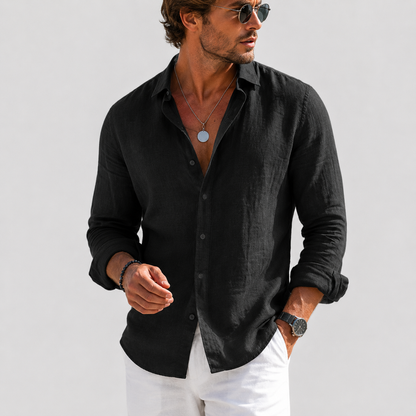 Men's linen long sleeve button-down shirt, black with chest pockets