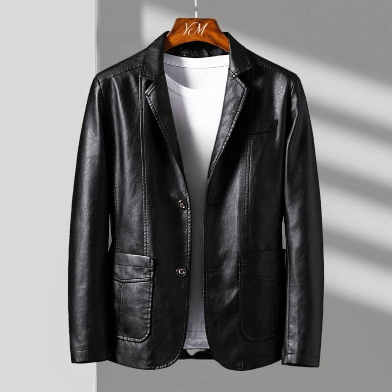 Obsidian black leather jacket with notched lapels and two front flap pockets