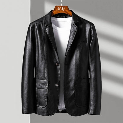 Obsidian black leather jacket with notched lapels and two front flap pockets