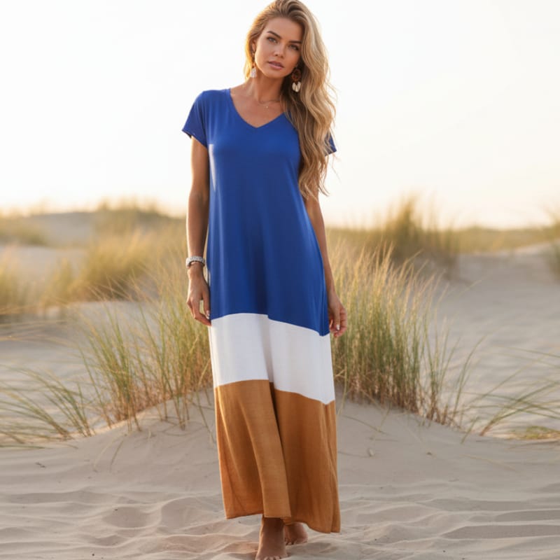 Maxi dress with V-neck, short sleeves, blue top with white and brown color blocks