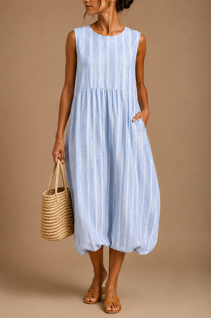 Sleeveless knee-length dress with light blue vertical stripes and gathered waist