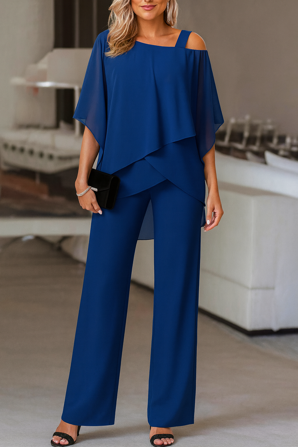 Women’s evening pants set in royal blue: cape off-shoulder blouse and wide-leg trousers