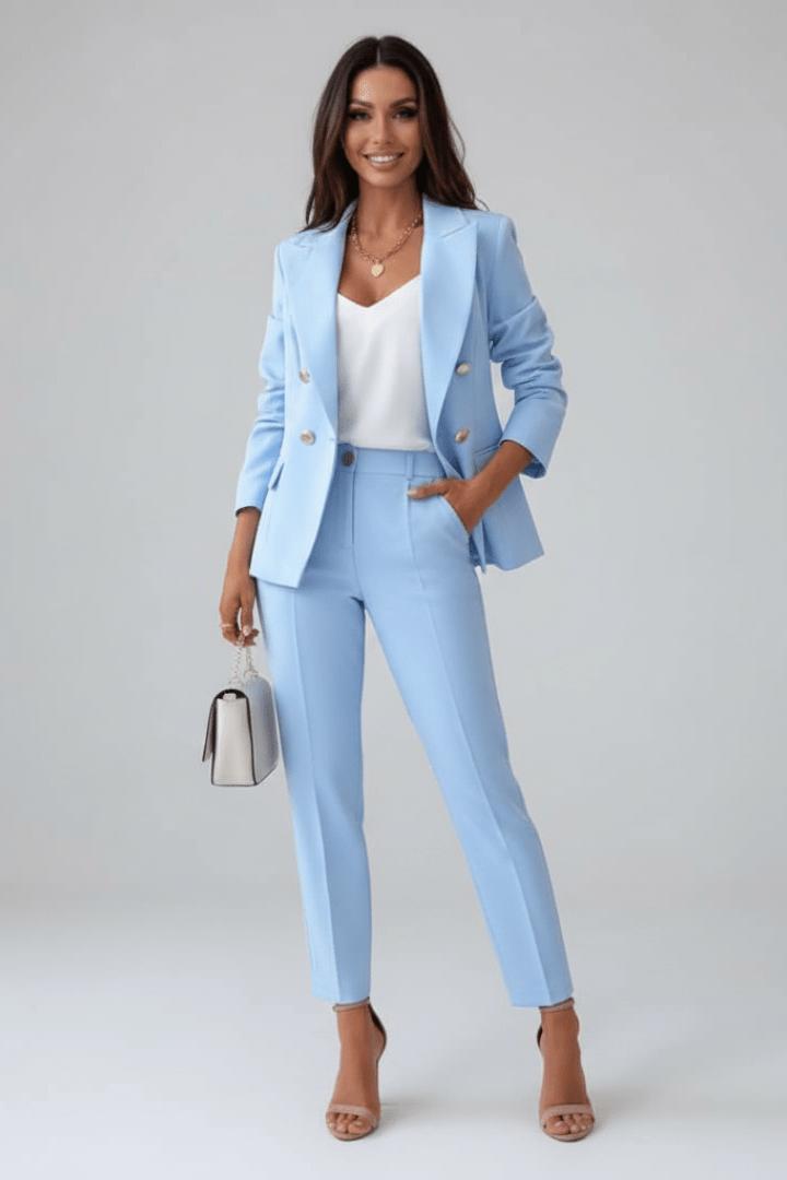Light blue blazer and matching trousers suit with gold button details