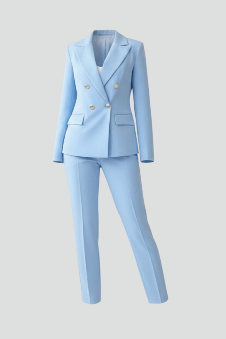 Light blue blazer set with matching trousers, gold buttons, notched lapels