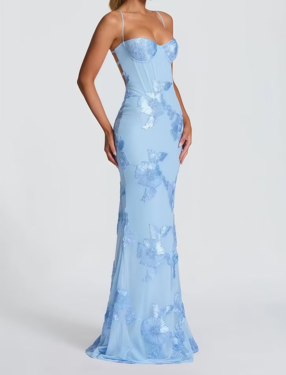Light blue strapless lace maxi dress with floral pattern, fitted bodice